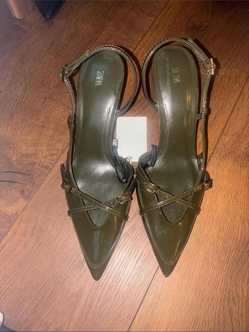 Zara Olive Patent Pointed Slingback Heels - Picture 2 of 5